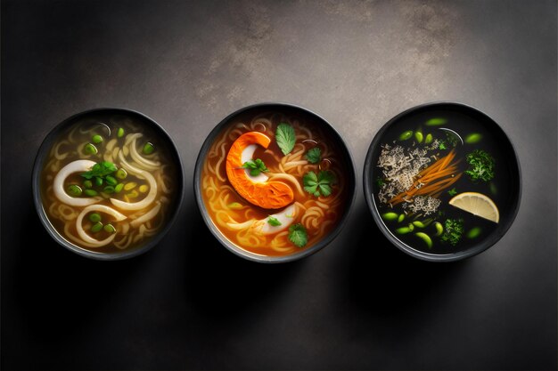 Top view of fresh and delicious chinese food on a dark background