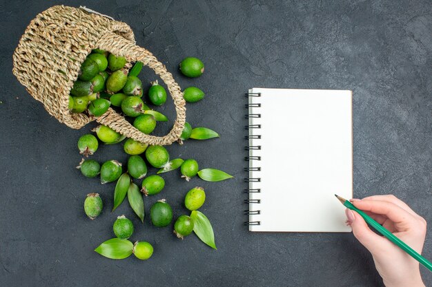 어두운 표면에 노트북에 여성 손에 바구니 연필에 상위 뷰 신선한 feijoas