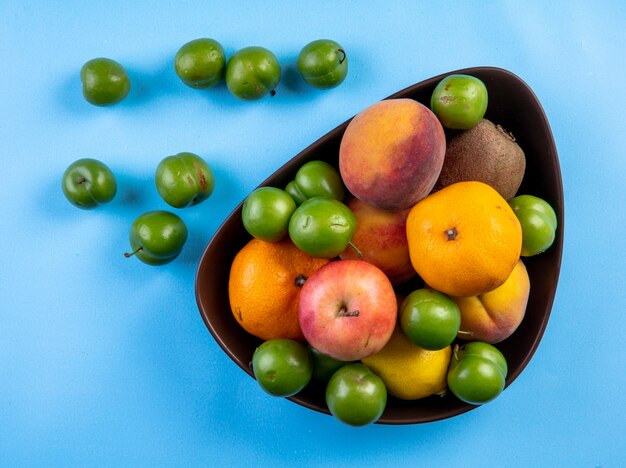 Top view of fresh fruits peaches apple kiwi and green sour cherry plums in a black bowl on blue