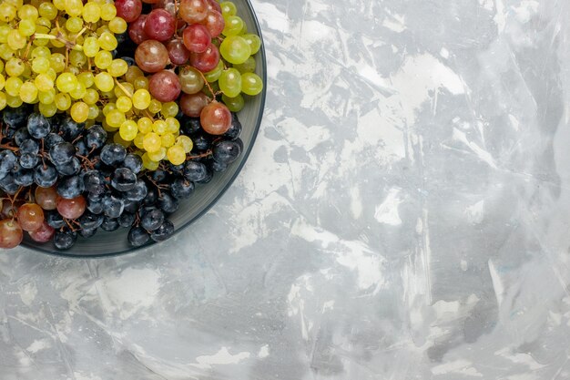 Top view fresh grapes juicy and mellow fruits inside plate on the white desk fruit mellow juice wine fresh