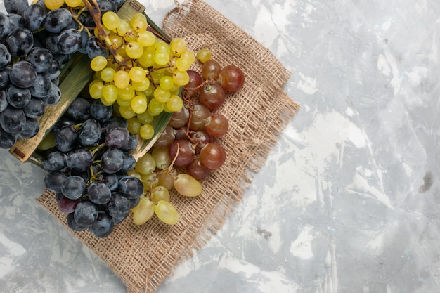 Vista dall'alto uva fresca frutta succosa e pastosa su sfondo bianco chiaro frutta dolce succosa fresca