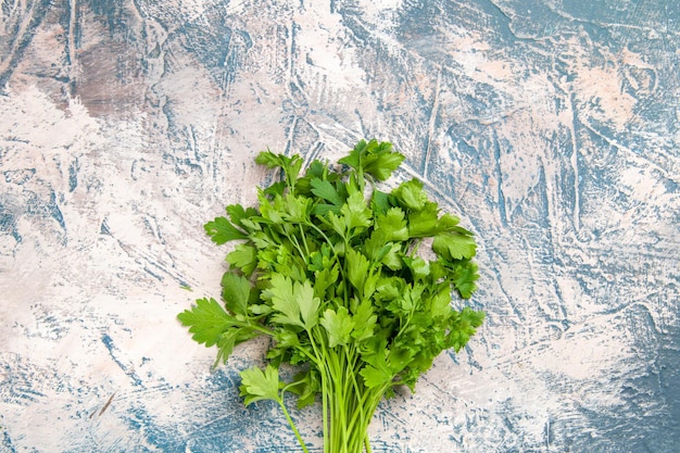 Top view fresh greens on a light-blue background