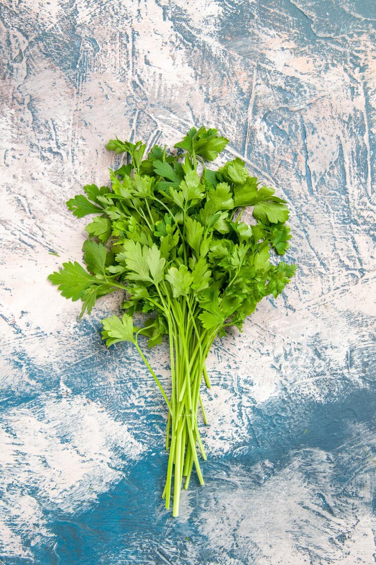 Free Photo top view fresh greens on light-blue background