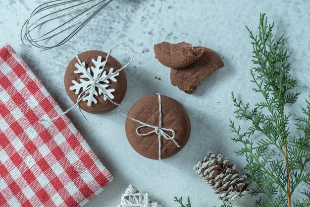 Top view of fresh homemade chocolate cookies during christmas .