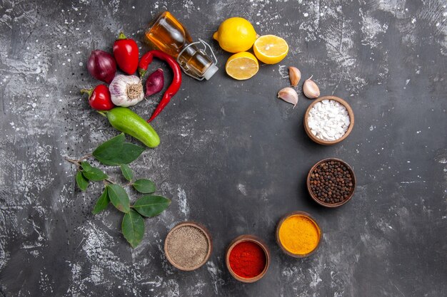 Top view fresh ingredients with lemon and seasonings