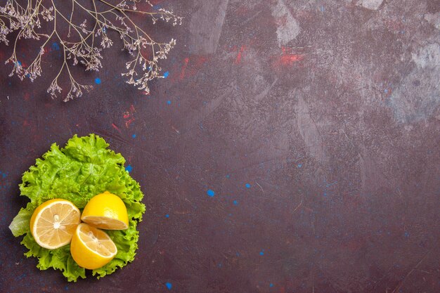 Top view of fresh lemon slices with green salad on dark