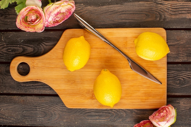 Вид сверху свежие лимоны кислые спелые сочные цитрусовые сочные вместе с сушеными цветами тропического витаминно-желтого на коричневом деревенском столе