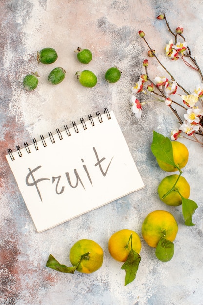 Vista dall'alto mandarini freschi feykhoas frutta scritta sul ramo di fiori di albicocca notebook su sfondo nudo