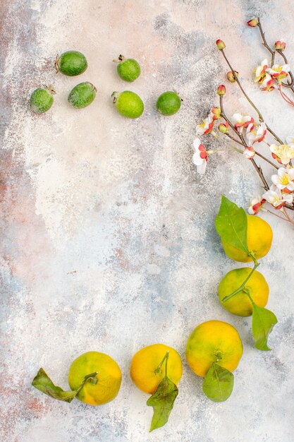 Top view fresh mandarines feykhoas on nude background