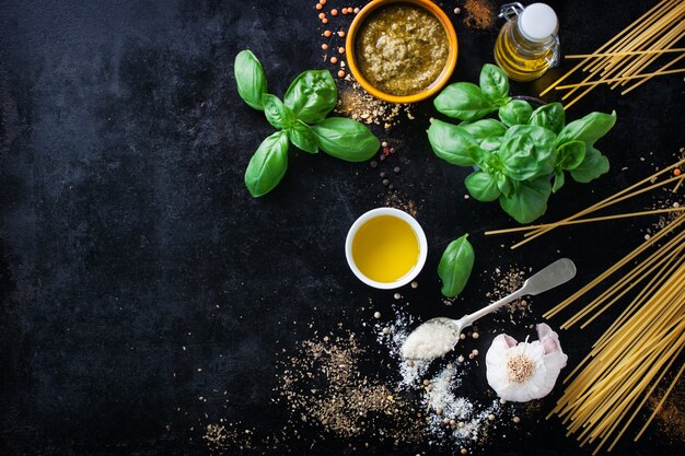 Top view of fresh pasta with aromatic herbs