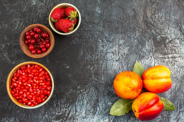 Top view of fresh peaches ripe fruits