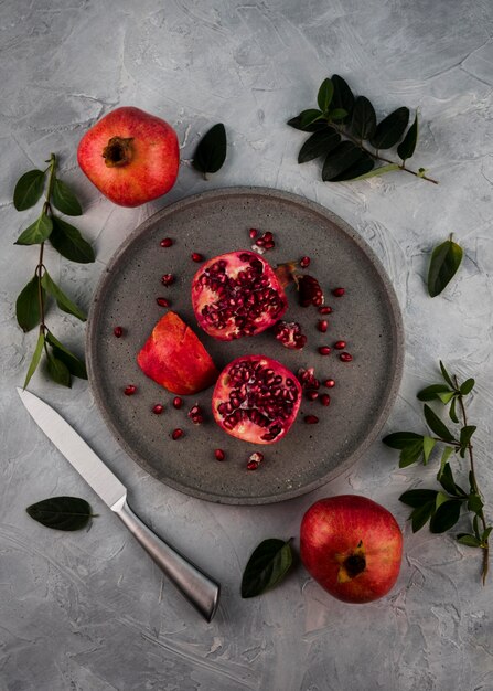 Top view fresh pomegranate on plate