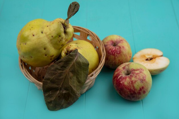Top view of fresh quinces on a bucket with halved and whole apples on a blue background