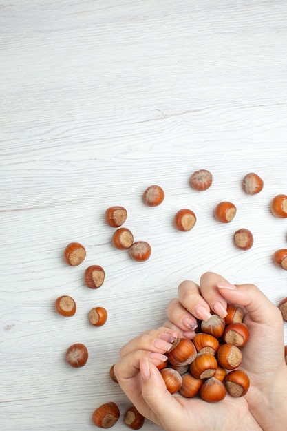 Top view fresh raw hazelnuts on white table in female hand