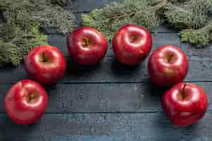 無料写真 上面図新鮮な赤いリンゴは紺色の机の上に熟した果実をまろやかにします植物の果実の色新鮮な丸い多くのビタミンレッド