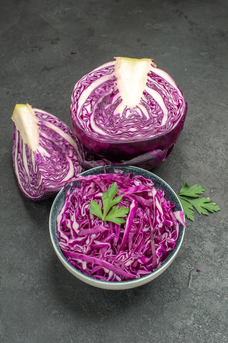 Top view of fresh red cabbage sliced