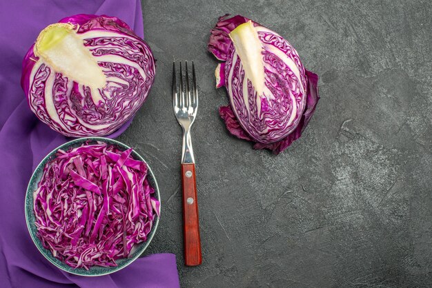 Top view of fresh red cabbage sliced