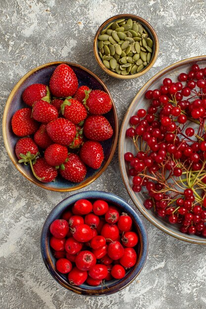 Top view fresh red cranberries with other berries on light white background