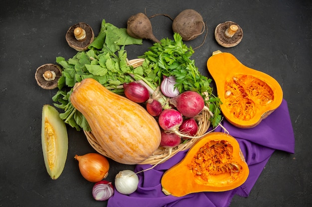 Top view of fresh ripe pumpkin sliced fruit