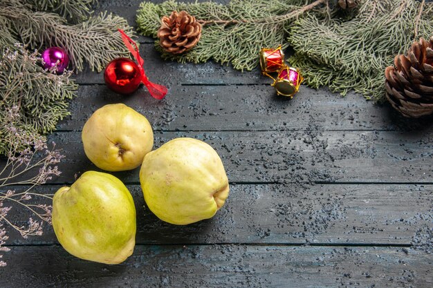 Top view fresh ripe quinces sour fruits on the dark-blue rustic desk fresh plant ripe tree fruits