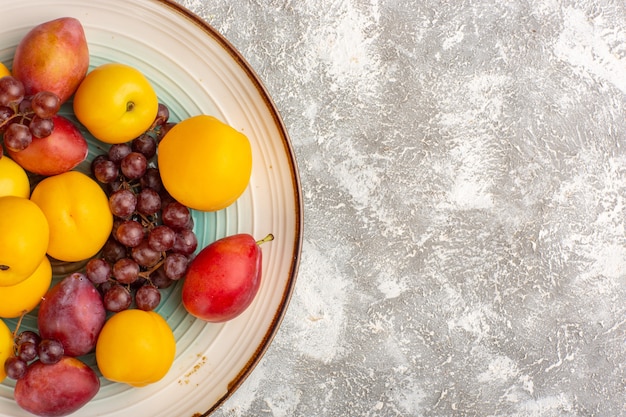 Вид сверху свежих сладких абрикосов с красным виноградом и сливами внутри тарелки на белой поверхности