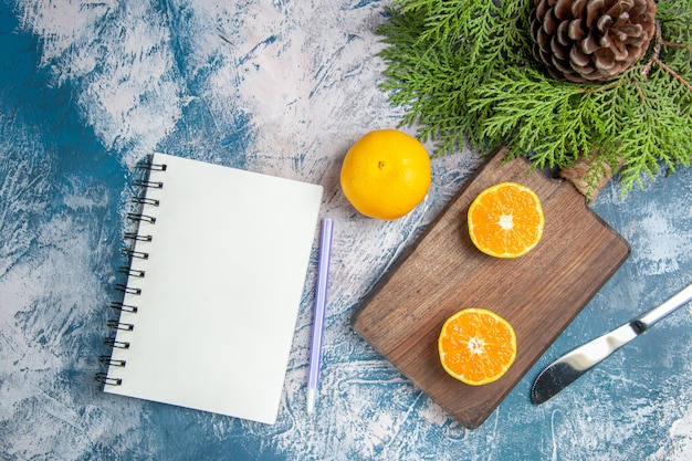 Free photo top view fresh tangerine slices with notepad on light-blue background