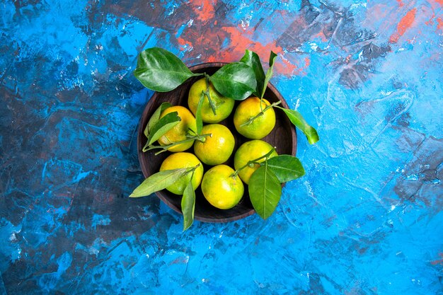 Top view fresh tangerines with leaves in wooden bowl on blue isolated surface copy place