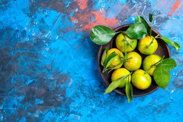 Top view fresh tangerines with leaves in wooden bowl on purple blue isolated surface free place