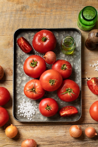 Top view fresh tomatoes on tray