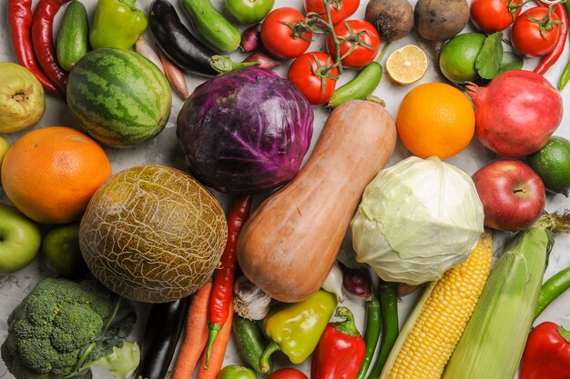 Top view fresh vegetables composition on white background