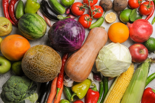 Top view fresh vegetables composition on white background