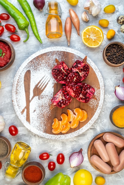 Top view fresh vegetables with white flour on white table meal cake fruit color salad dough pie pizza egg