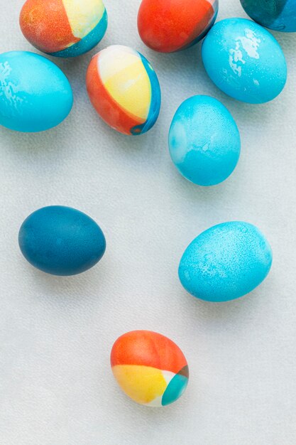 Top view of freshly colored eggs for easter