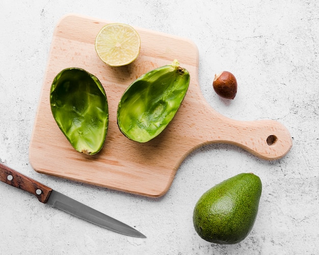 Top view freshly cut avocado on the table