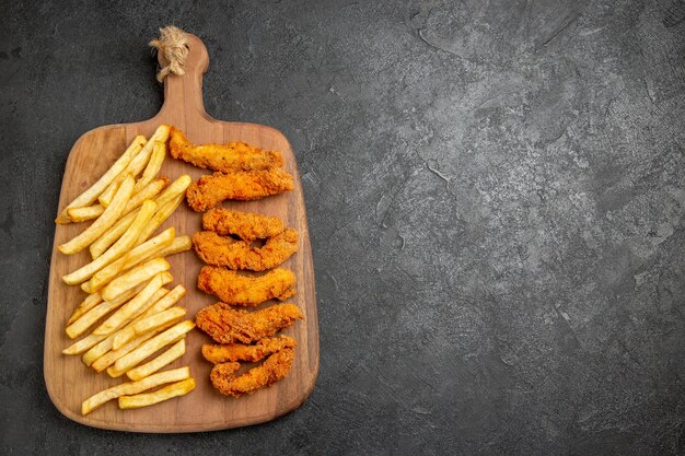 Top view of fried chicken and french fries