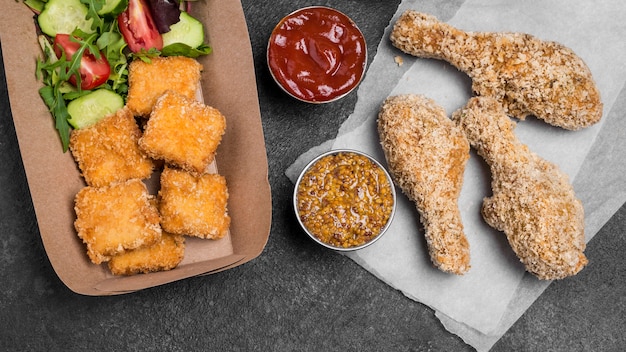 Top view of fried chicken nuggets with sauces and salad