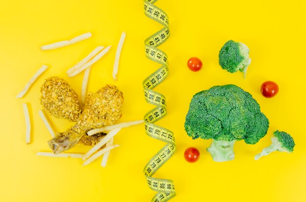 Top view fried chicken vs broccoli