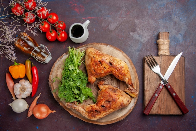 Foto gratuita vista dall'alto di pollo fritto con verdure e verdure nello spazio buio