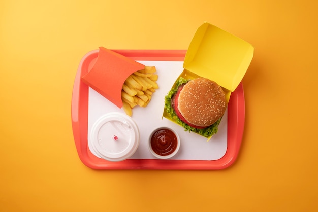 Top view fries and burger on tray