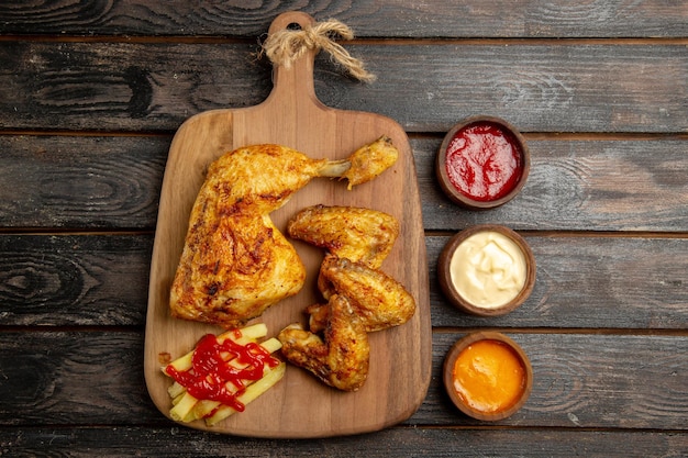 Вид сверху на курицу, аппетитный картофель фри, курицу и кетчуп на деревянной разделочной доске рядом с мисками разноцветных соусов на темном столе