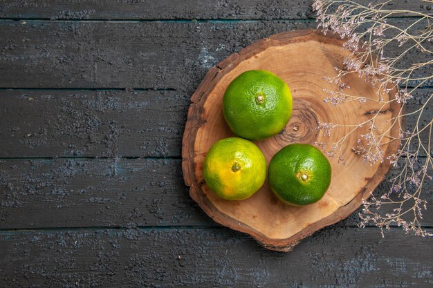 Free photo top view from afar green lime limes on wooden brown board on the right side of the grey table next to branches