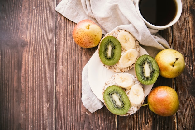 Top view fruit breakfast with copy space