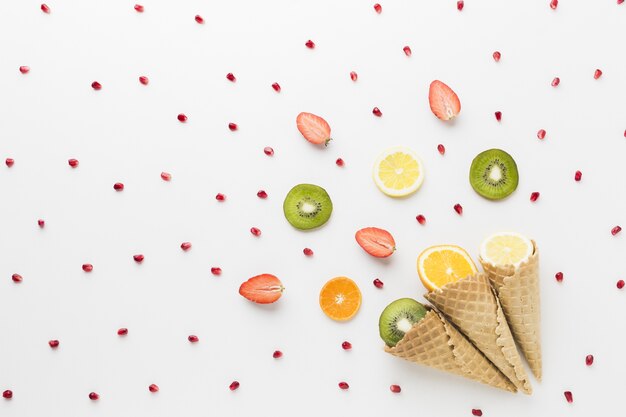 Top view of fruits and ice cream cone concept