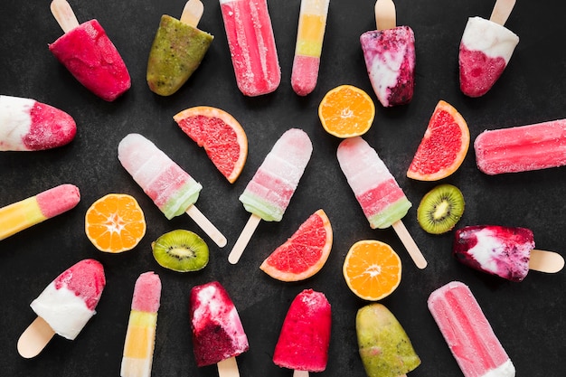 Top view of fruity popsicles