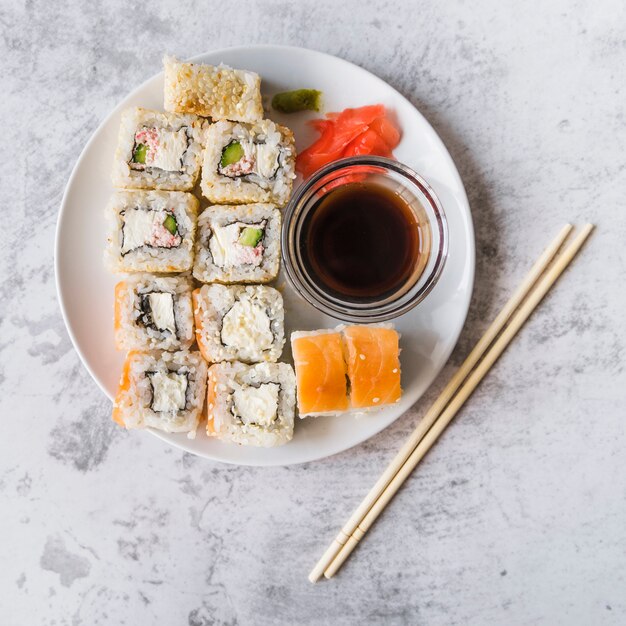 Top view of a full sushi plate