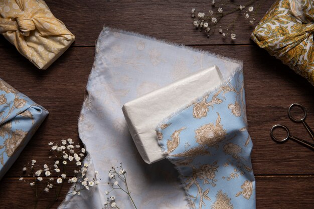 top view furoshiki packages arrangement