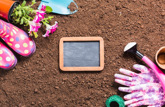 Top view of gardening tools on the ground