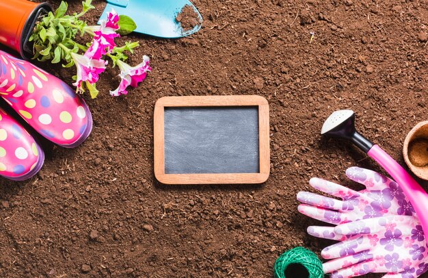 Top view of gardening tools on the ground