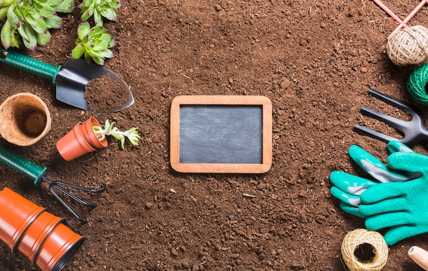 Top view of gardening tools on the ground