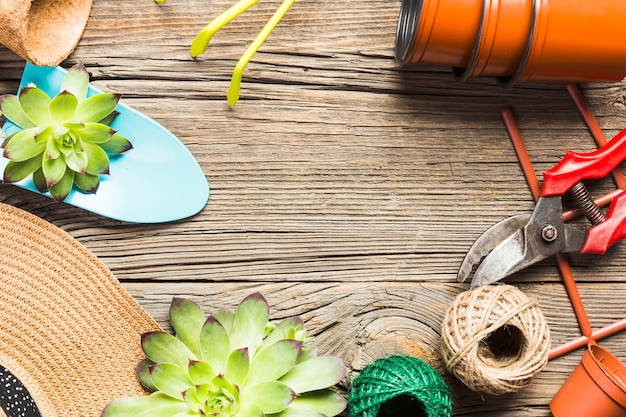 Top view of gardening tools on the wooden floor